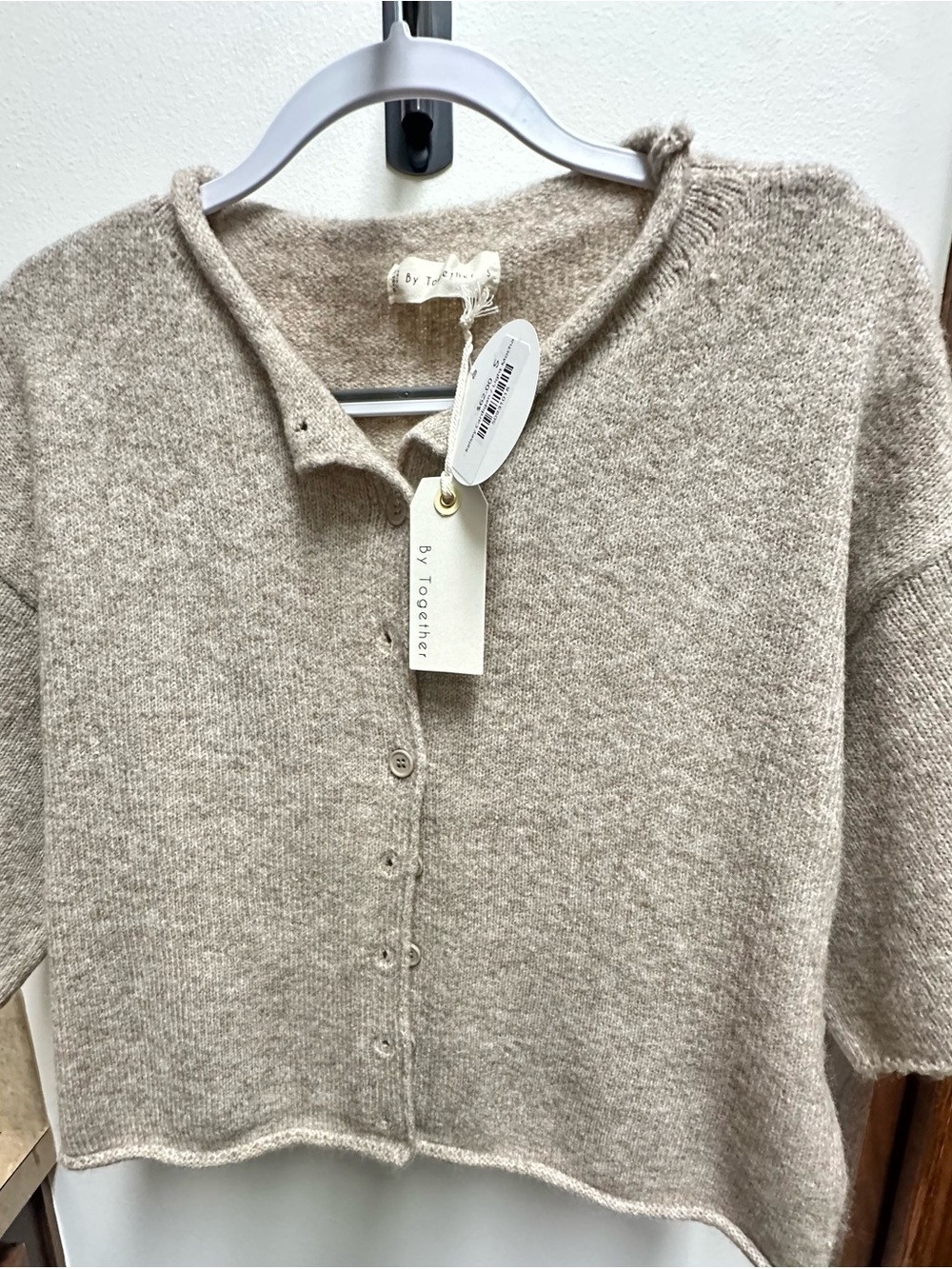 By Together Beige Cropped Button-Front Knit Cardigan